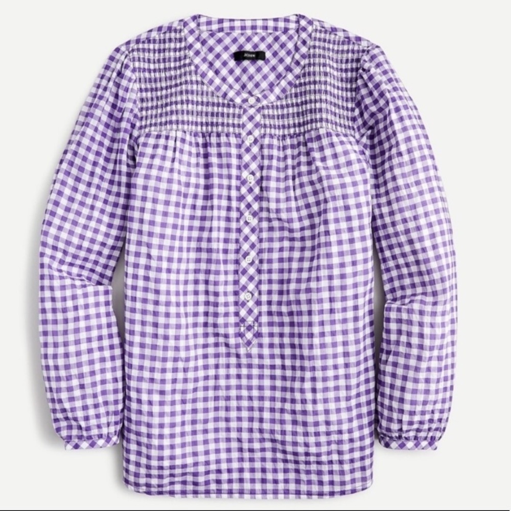 New J. Crew Smocked Gingham Popover Top Crinkle Purple White Cotton Blouse Shirt
